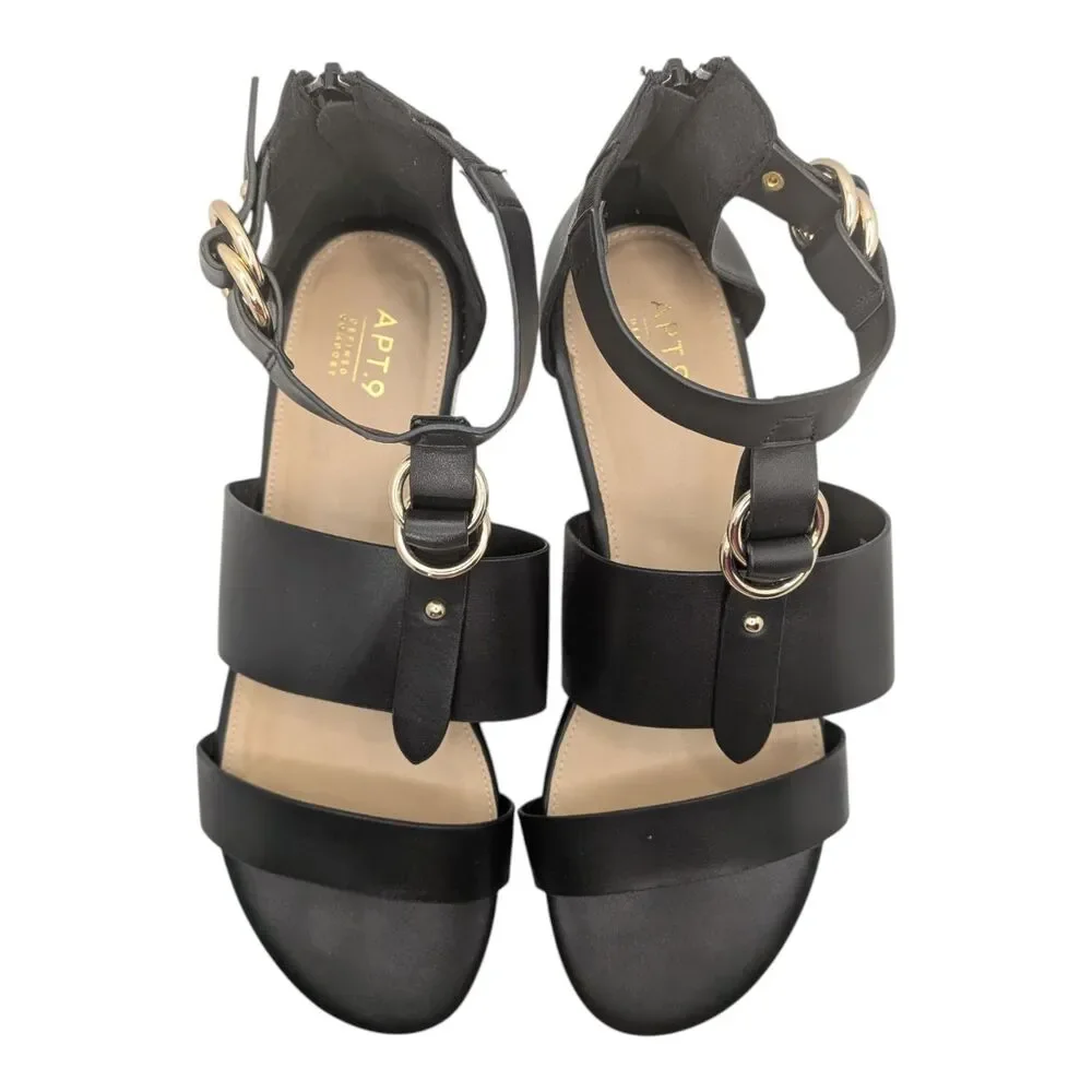 Women's Apt 9 Black Faux Leather Gladiator Sandals Size 9.5 Zip Back Gold Buckle